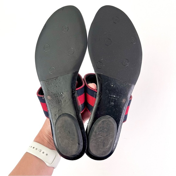 GUCCI || Horsebit Red Blue Web Stripe Black Leather Thong Sandal Flat EU 39 US 9 - Picture 13 of 15